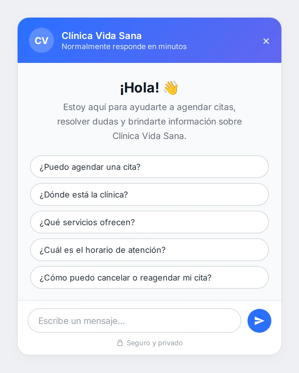 Chatbot abierto en la pagina de reservas mostrando preguntas sugeridas al paciente