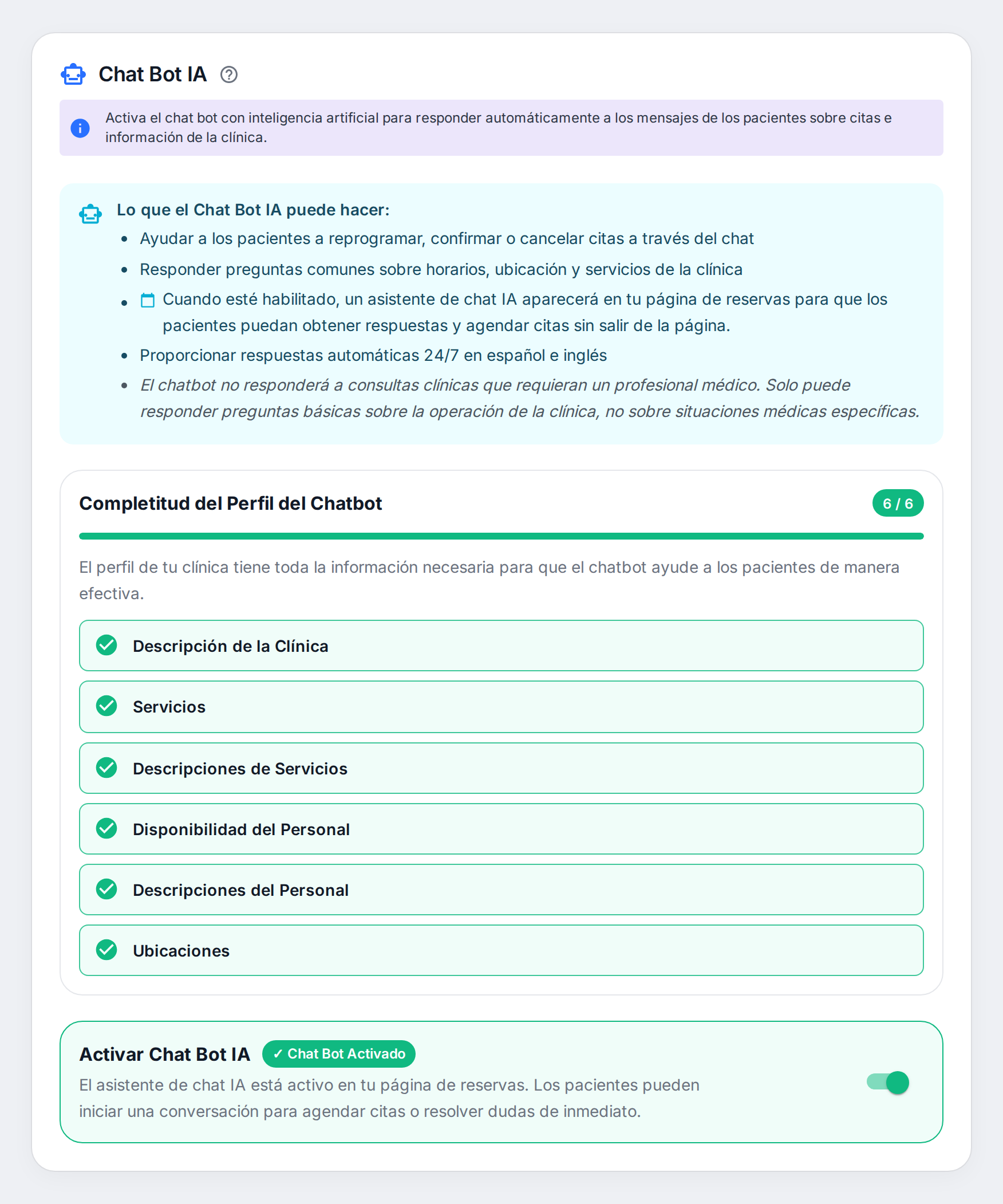 Panel Chat Bot IA con los 6 requisitos completos y el chatbot activado
