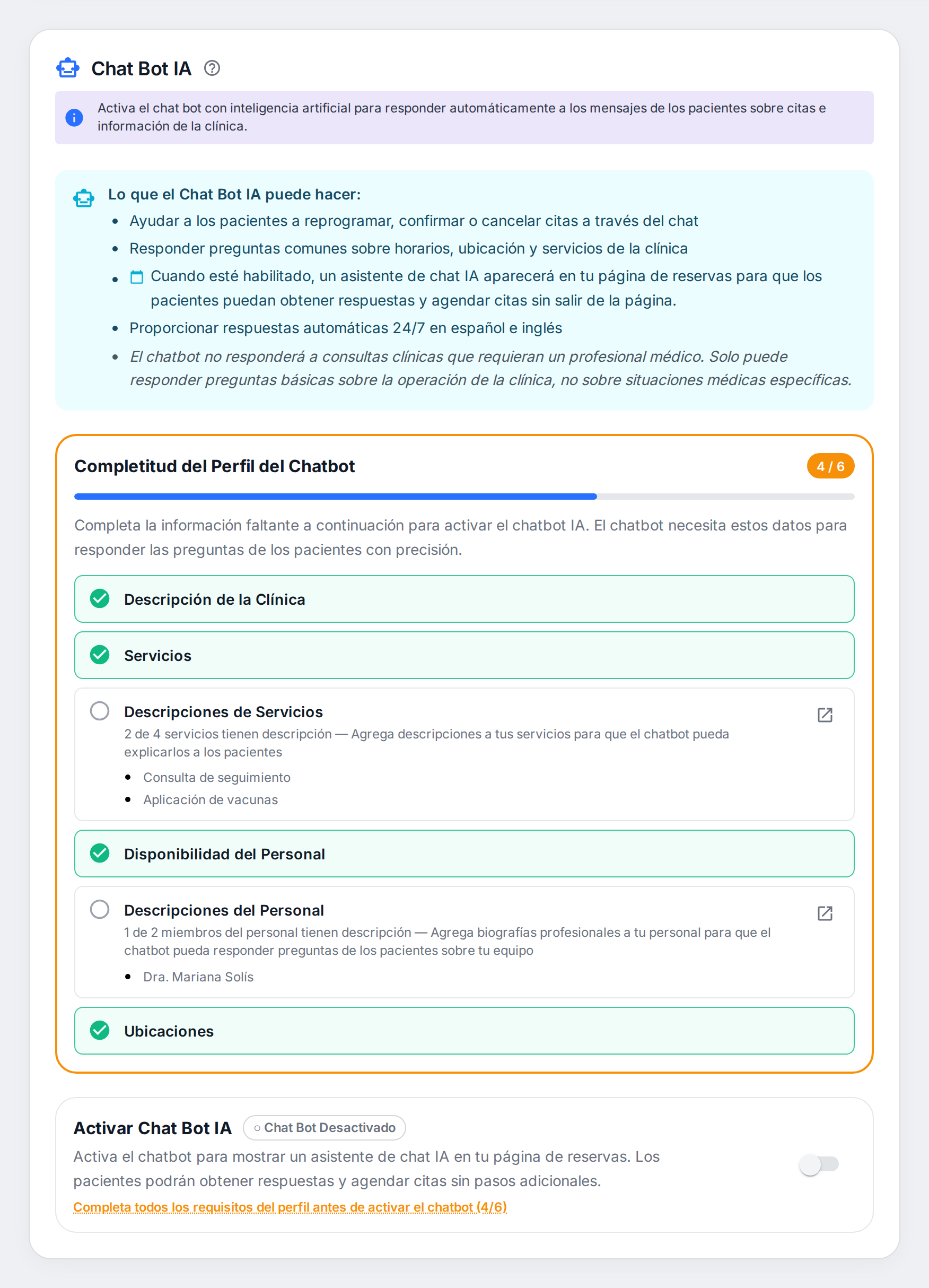 Panel Chat Bot IA con la lista Completitud del Perfil del Chatbot en 4 de 6 requisitos