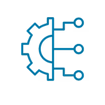 Icon showing half a gear connected to three nodes, representing technology and networking.