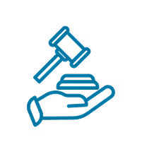 Blue icon of a hand holding a document with a gavel above, symbolizing legal or judicial services.