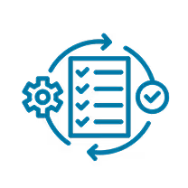 Checklist on a clipboard surrounded by circular arrows, a gear icon, and a checkmark.