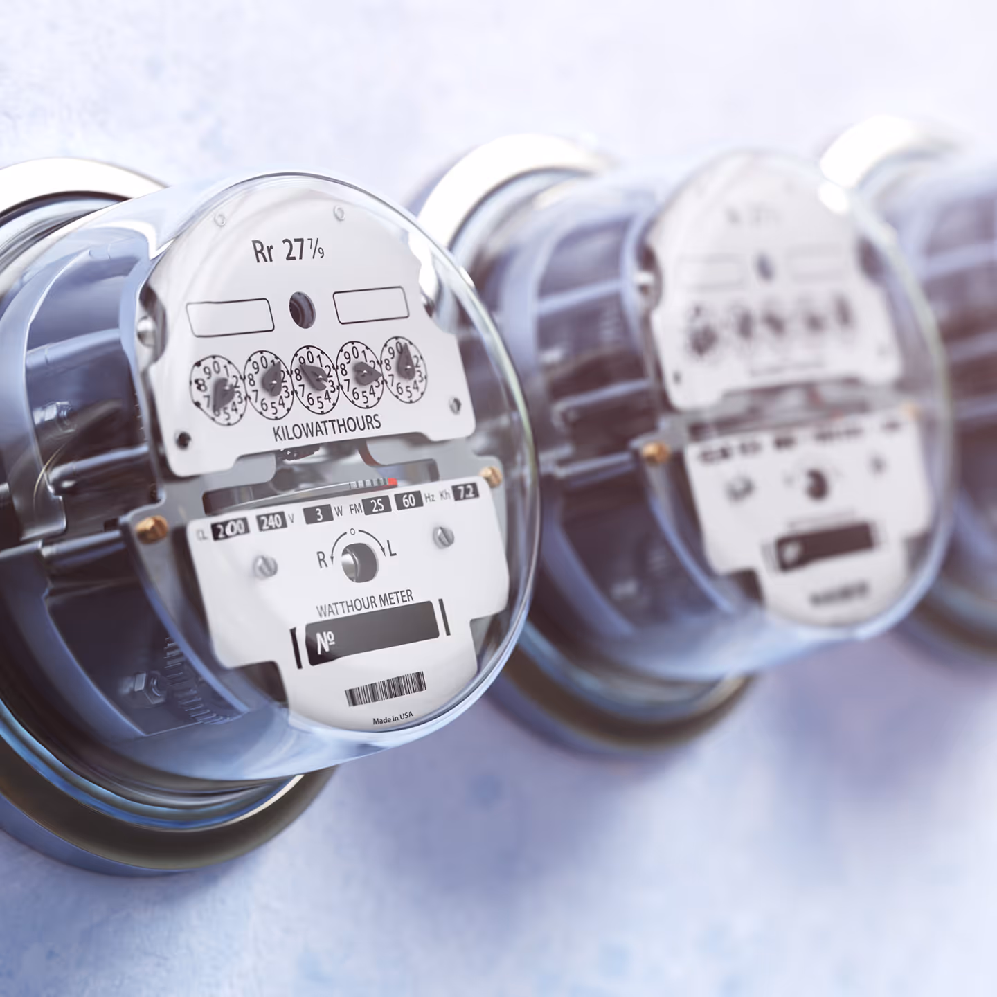 Close-up of three analog electricity meters with dials and numbers measuring kilowatt hours.