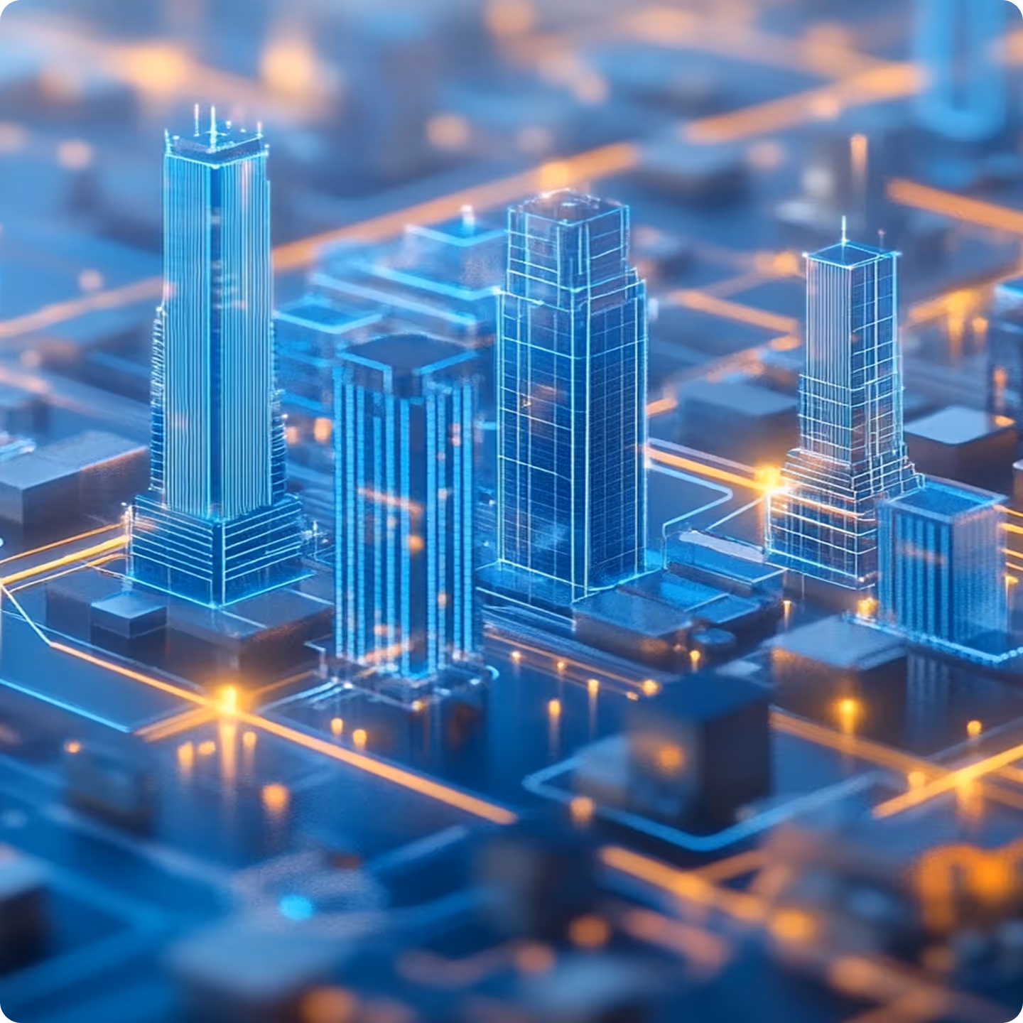 Futuristic digital city model with glowing blue skyscrapers and illuminated streets.