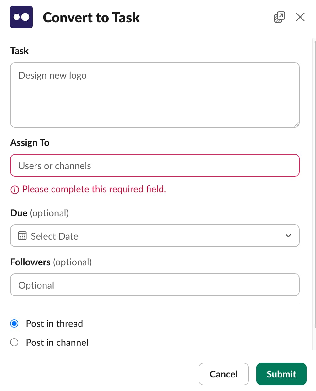 Creating a Chaser task with an assignee and due date