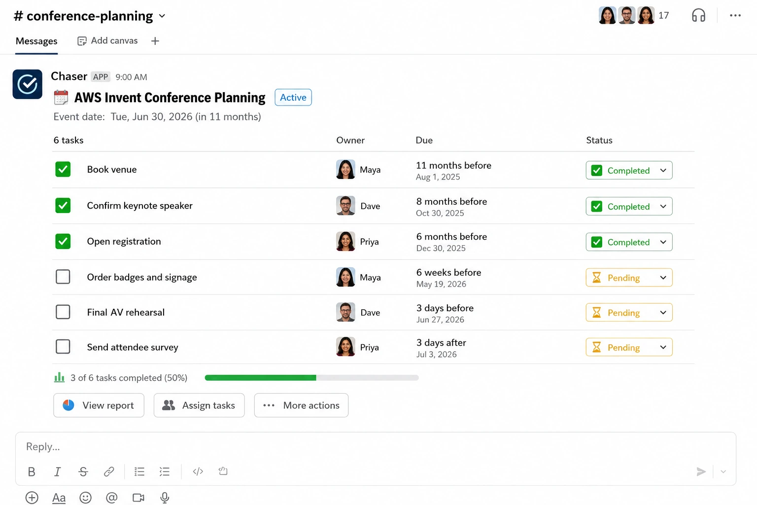 A Chaser conference planning checklist in a Slack channel, with tasks like Book venue and Confirm keynote speaker showing owners, due dates relative to the event date, and completed and pending statuses