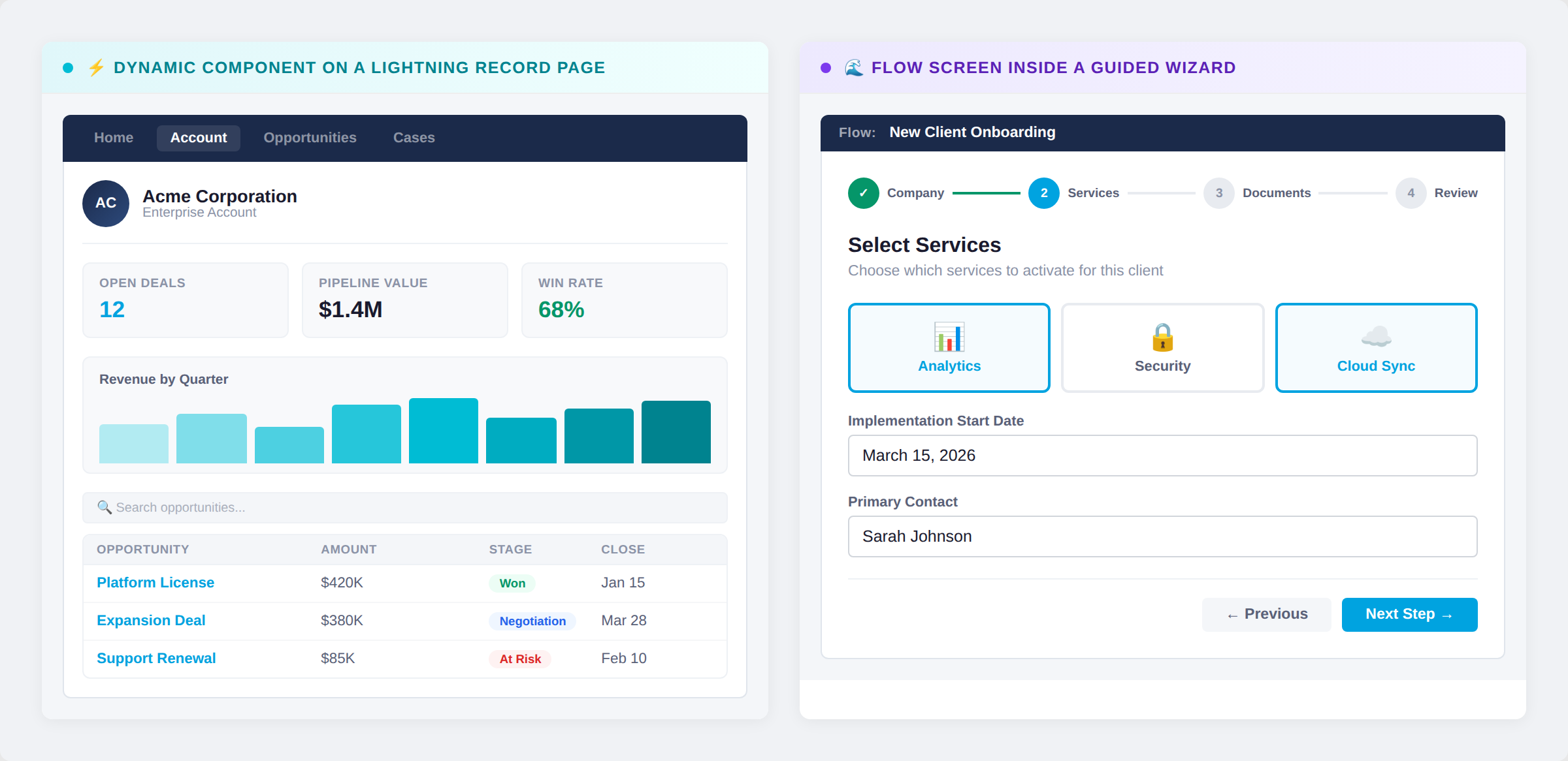 Side-by-side comparison: Dynamic Component on a Lightning record page vs. Flow Screen inside a guided wizard