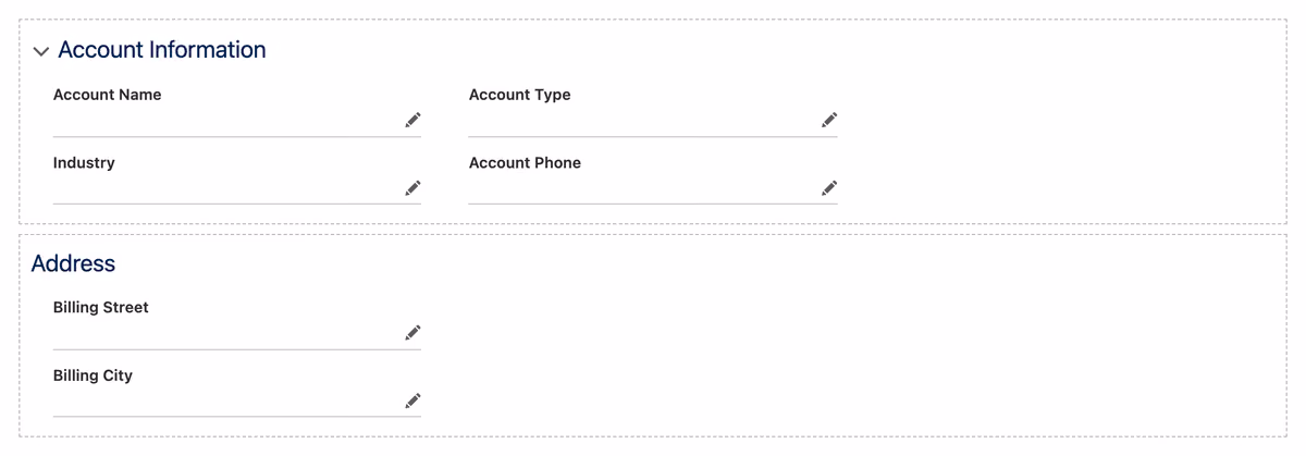 The Component Builder canvas with drop zones for account fields