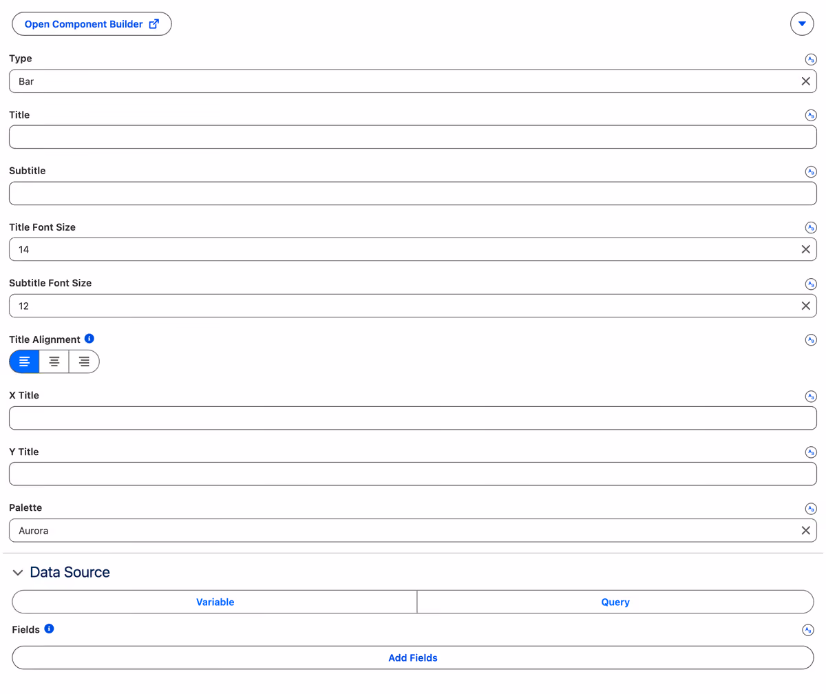 A properties panel showing chart type, title sizing, alignment and palette