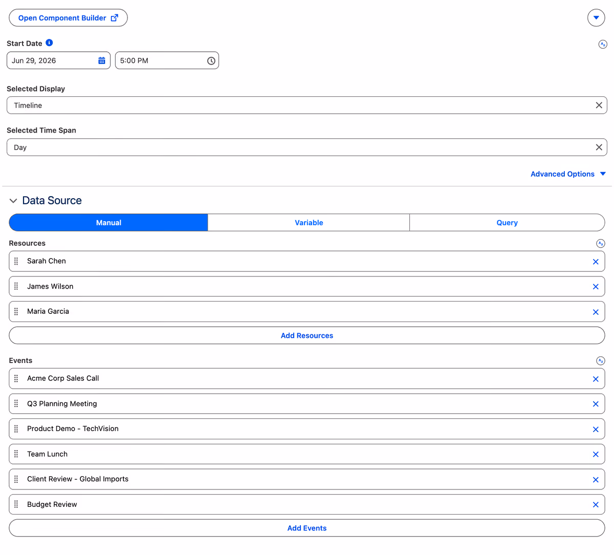 A data source panel with manual, variable and query options and a list of records