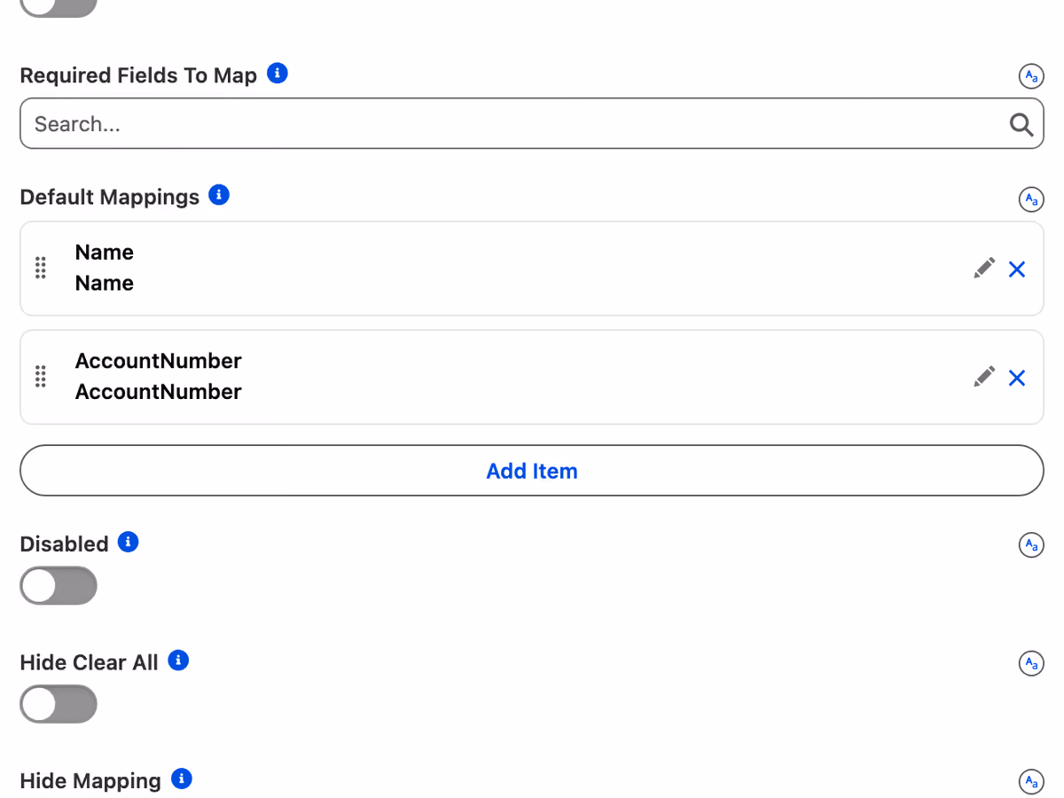A mapping list pairing CSV columns to Salesforce fields, Name and AccountNumber