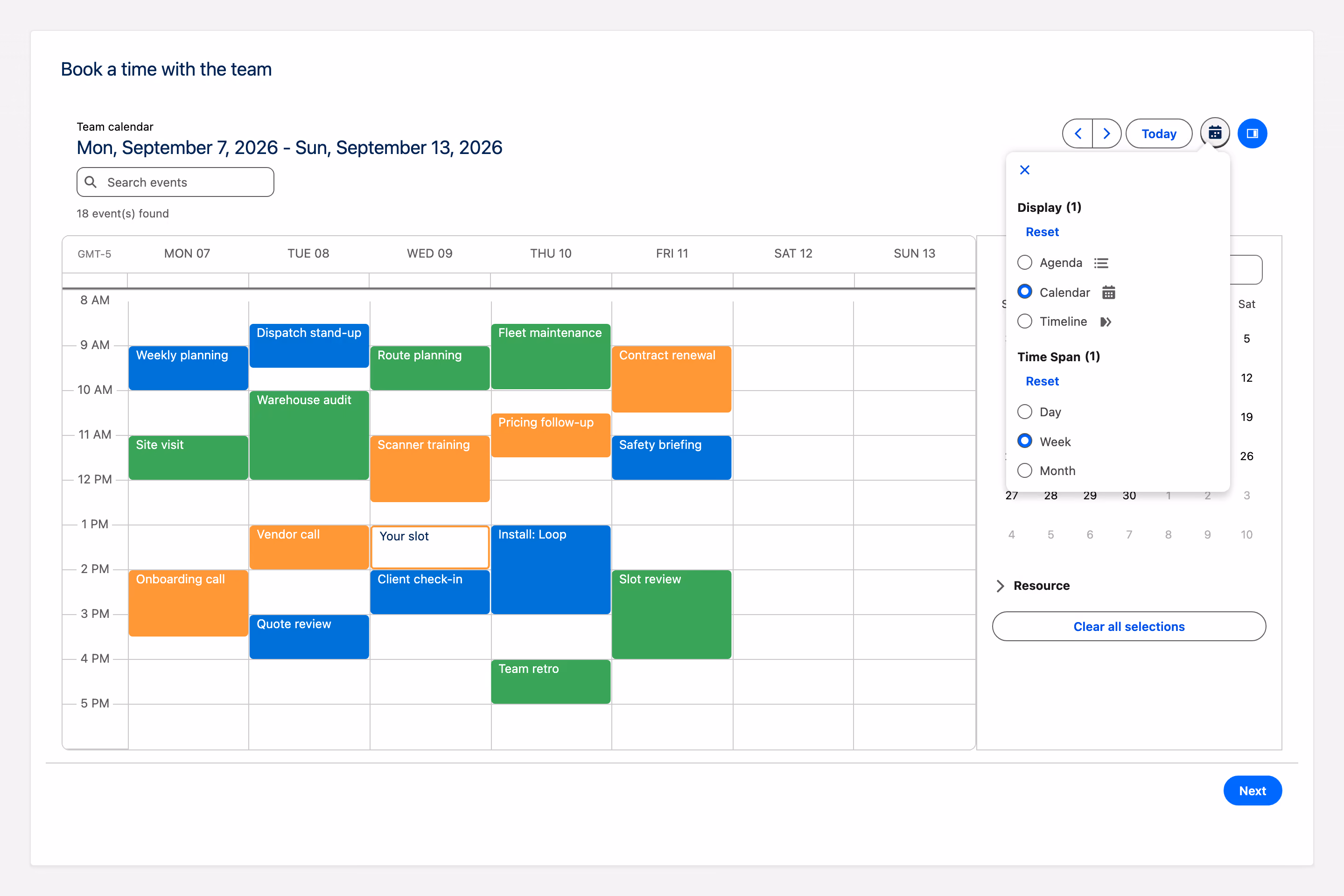 Salesforce screen flow showing an Avonni calendar in week view with team events and an open slot ready to book