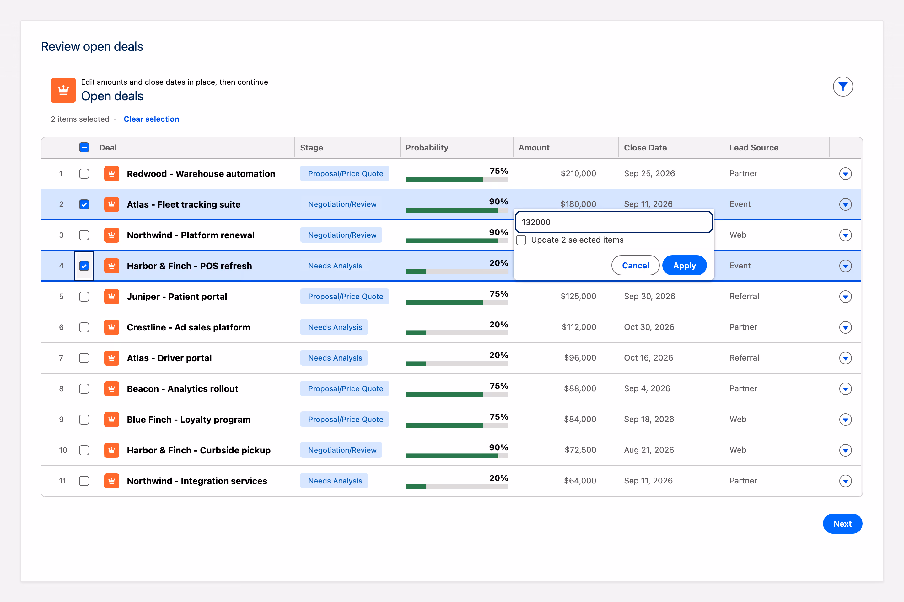 Salesforce screen flow showing an Avonni data table with an amount being edited inline across two selected opportunity rows