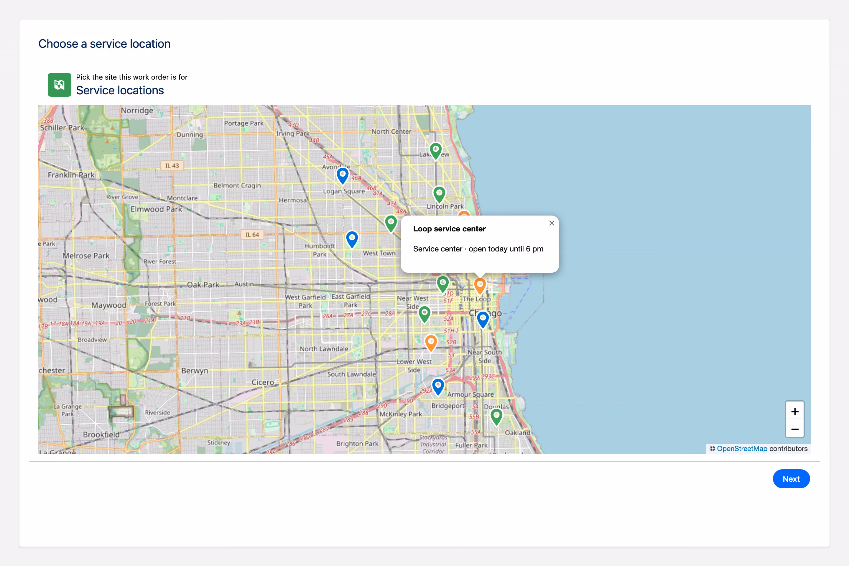 Salesforce screen flow showing an Avonni map with service location markers and an open popup for a Chicago service centre