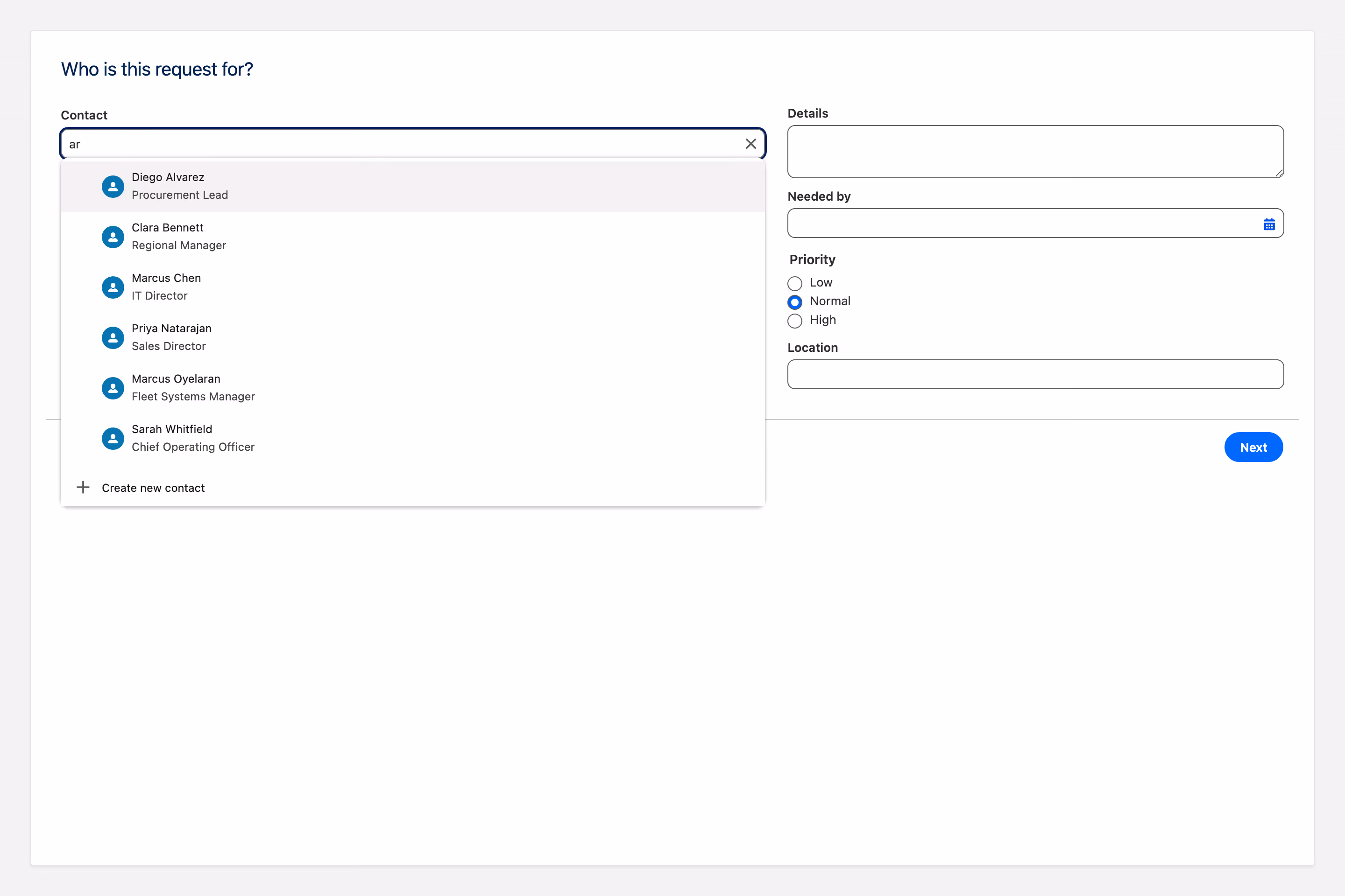 Salesforce screen flow showing an Avonni combobox searching contacts, with avatars and job titles in the results