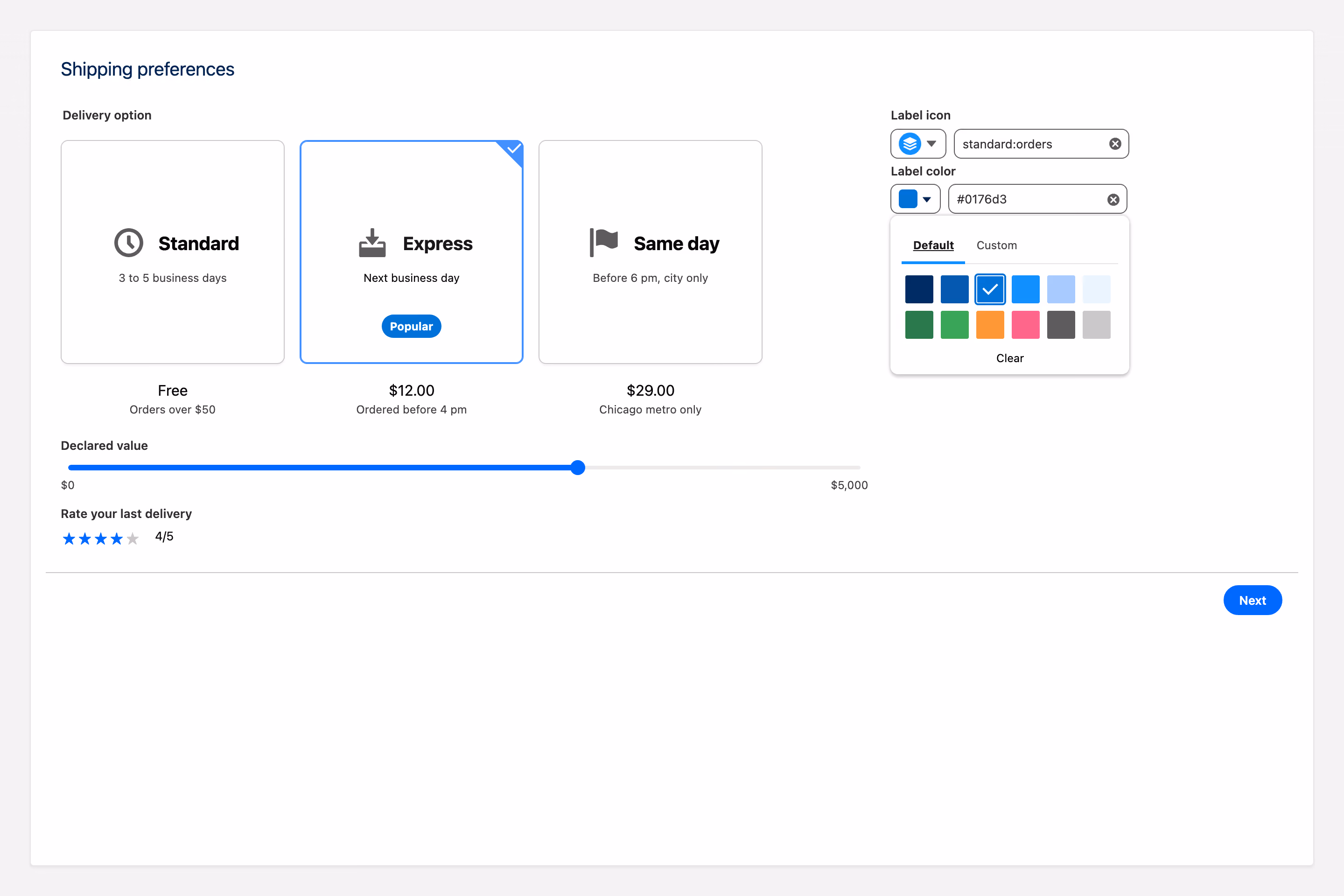 Salesforce screen flow showing Avonni visual picker, colour picker, icon picker, slider and rating inputs on a shipping preferences screen