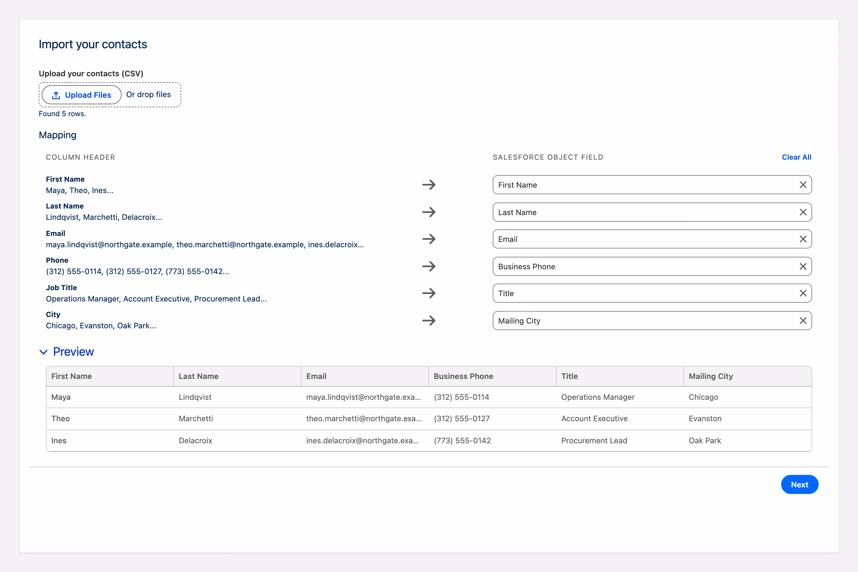 Salesforce screen flow showing the Avonni CSV parser mapping spreadsheet columns to Salesforce contact fields with a preview table