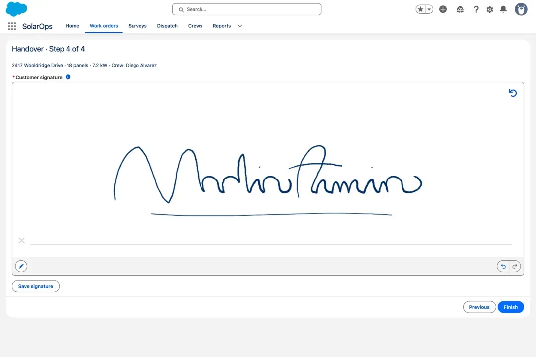 Avonni Pen Input on the last screen of a Salesforce flow: a handwritten signature in blue ink on a signature pad, a reduced toolbar and a Save signature button
