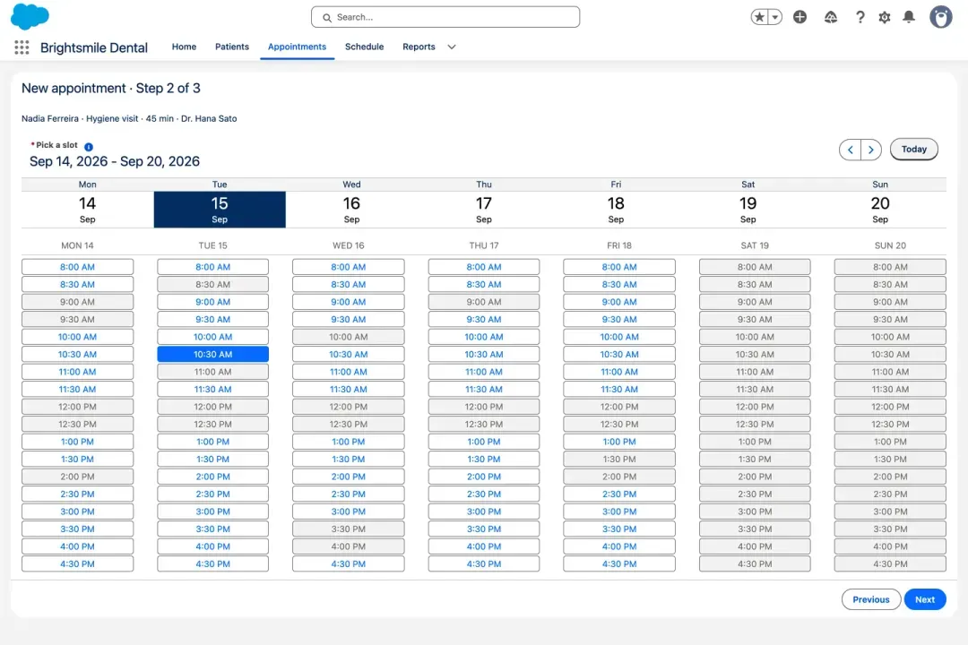 Avonni Date/Time Picker on step 2 of a Salesforce flow: a week of thirty minute dental slots with lunch, booked slots and the weekend greyed out, Tuesday 10:30 selected