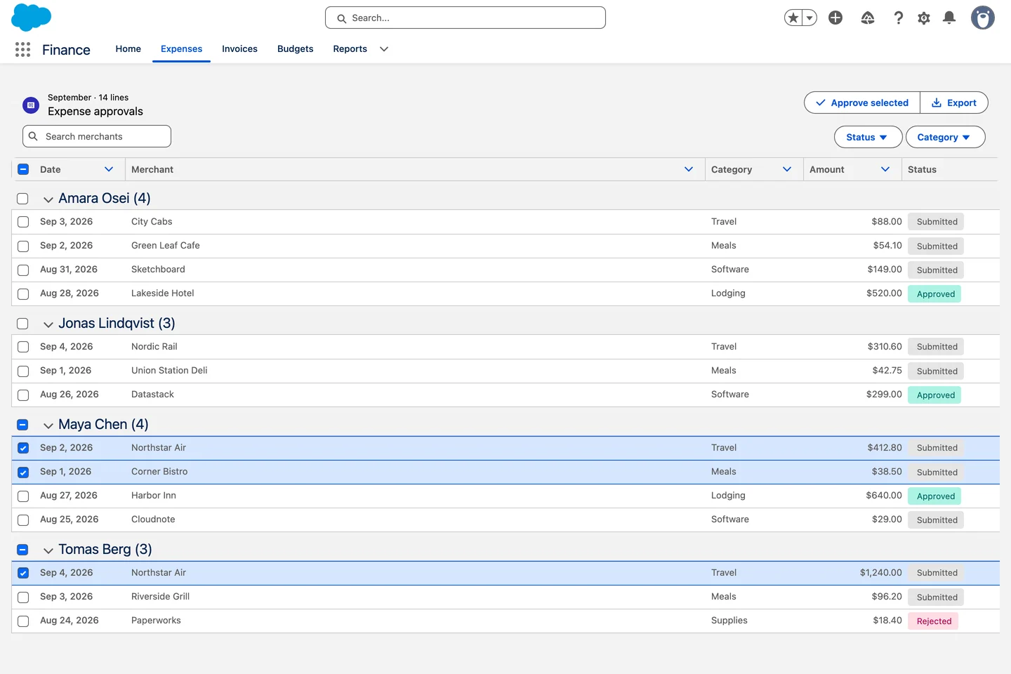 Avonni Data Table Group By in a Lightning Web Component: expense lines grouped by employee with counts, status badges, three checked rows and an Approve selected button