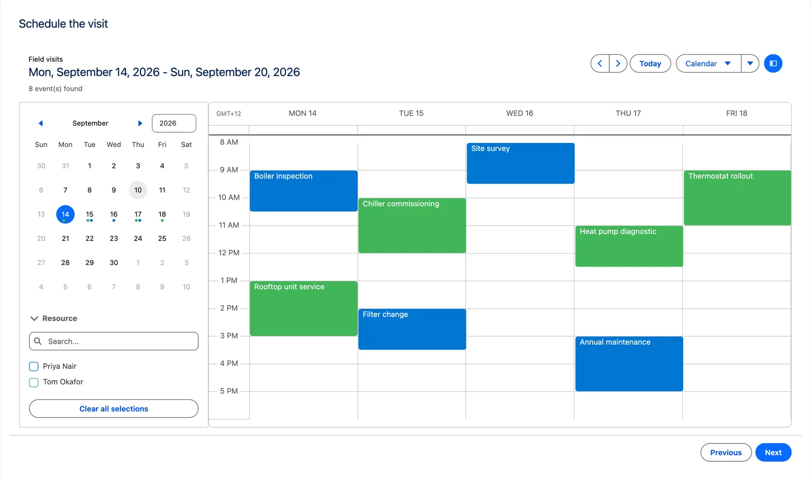 Avonni Calendar in step 2 of a Salesforce screen flow named Schedule the visit: week view with eight field visits, a month picker and resource filters on the left, and the Previous and Next flow buttons