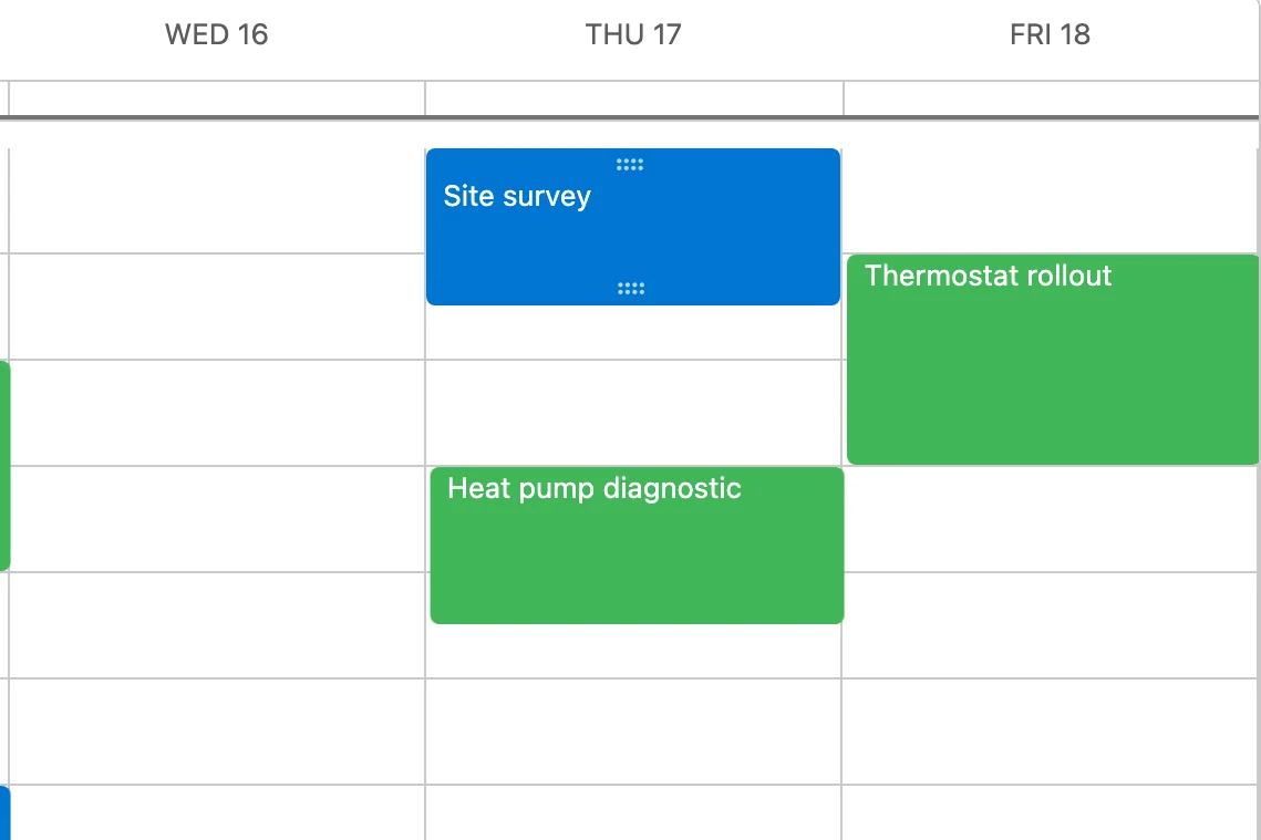 The Site survey event moved to Thursday at 8 AM, drag handles visible
