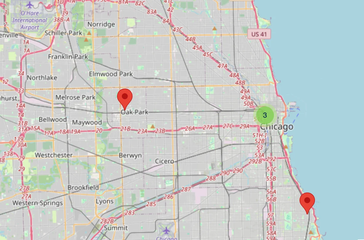 Map markers around Oak Park and a cluster of three accounts near downtown Chicago