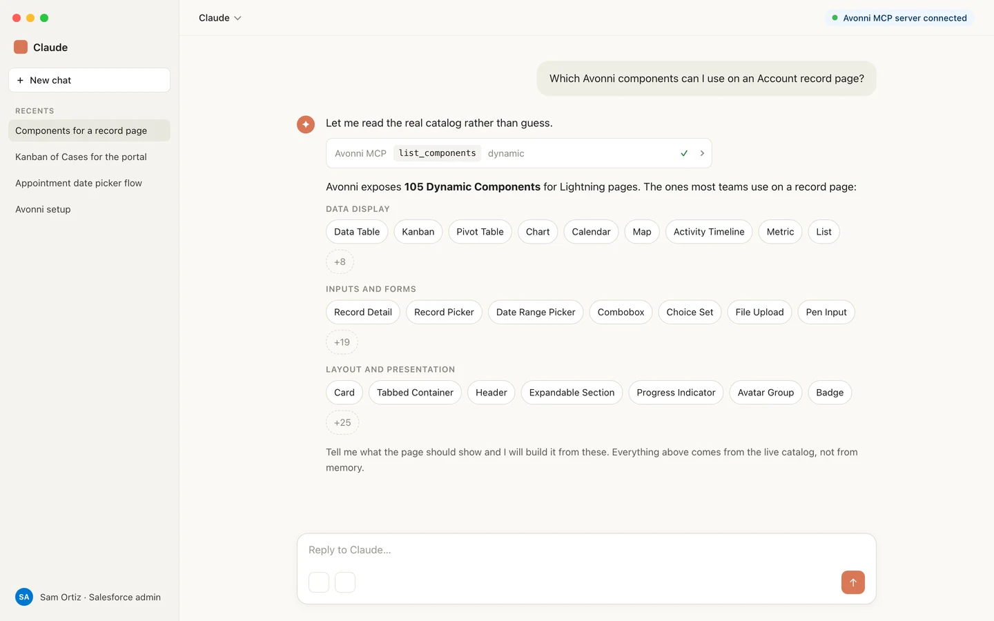 An AI assistant listing the available Avonni components, one catalog per Salesforce surface