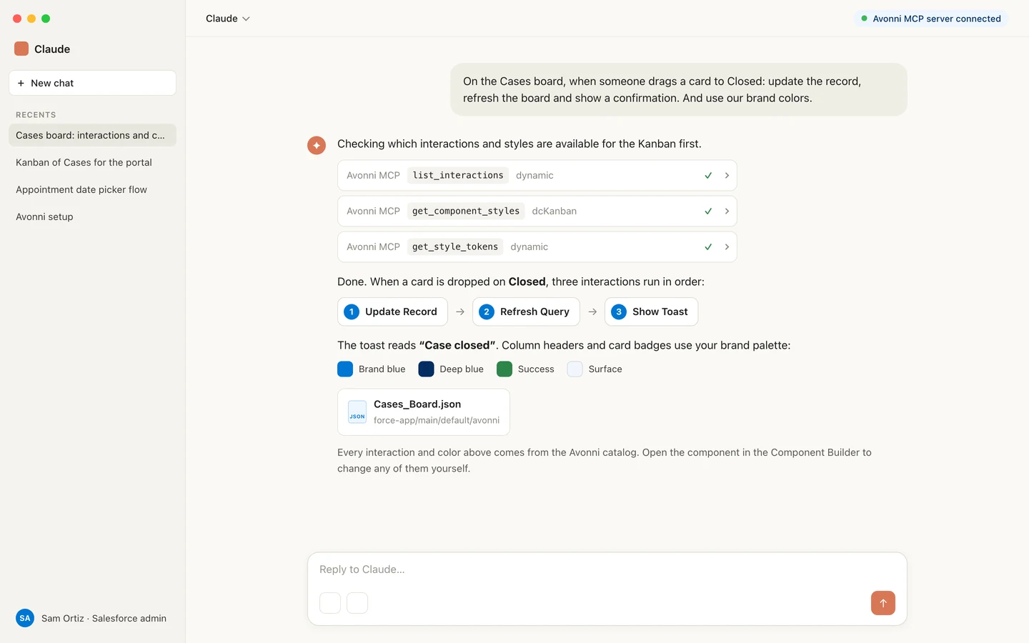 Claude desktop app setting three Avonni interactions on a Cases board, Update Record, Refresh Query and Show Toast, with the brand color palette