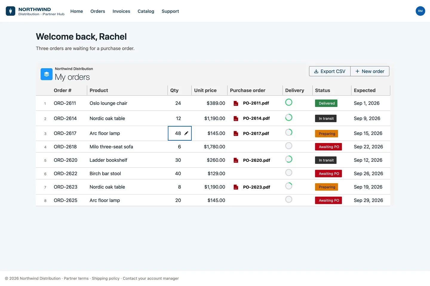 Avonni Data Table on the Northwind Partner Hub, a live Experience Cloud site: the distributor's orders with a quantity edited inline, purchase order PDFs, delivery rings and status badges
