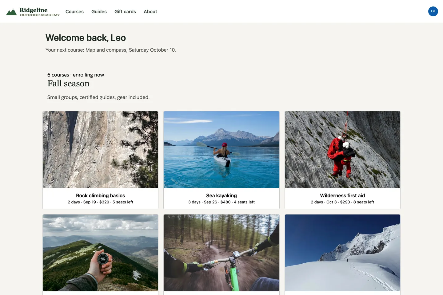 A course catalog on an Experience site: photo cards with dates, prices and seats left