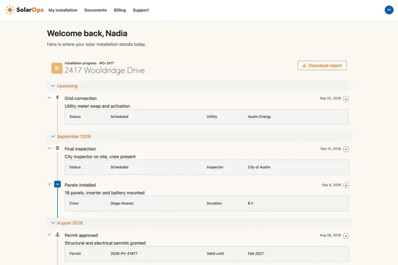 Installation timeline on a customer portal