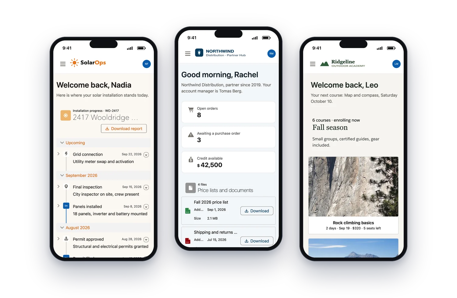 The three portals on a phone: SolarOps, Northwind Distribution and Ridgeline Outdoor Academy, each in its own brand, built with the same Avonni Experience Cloud components