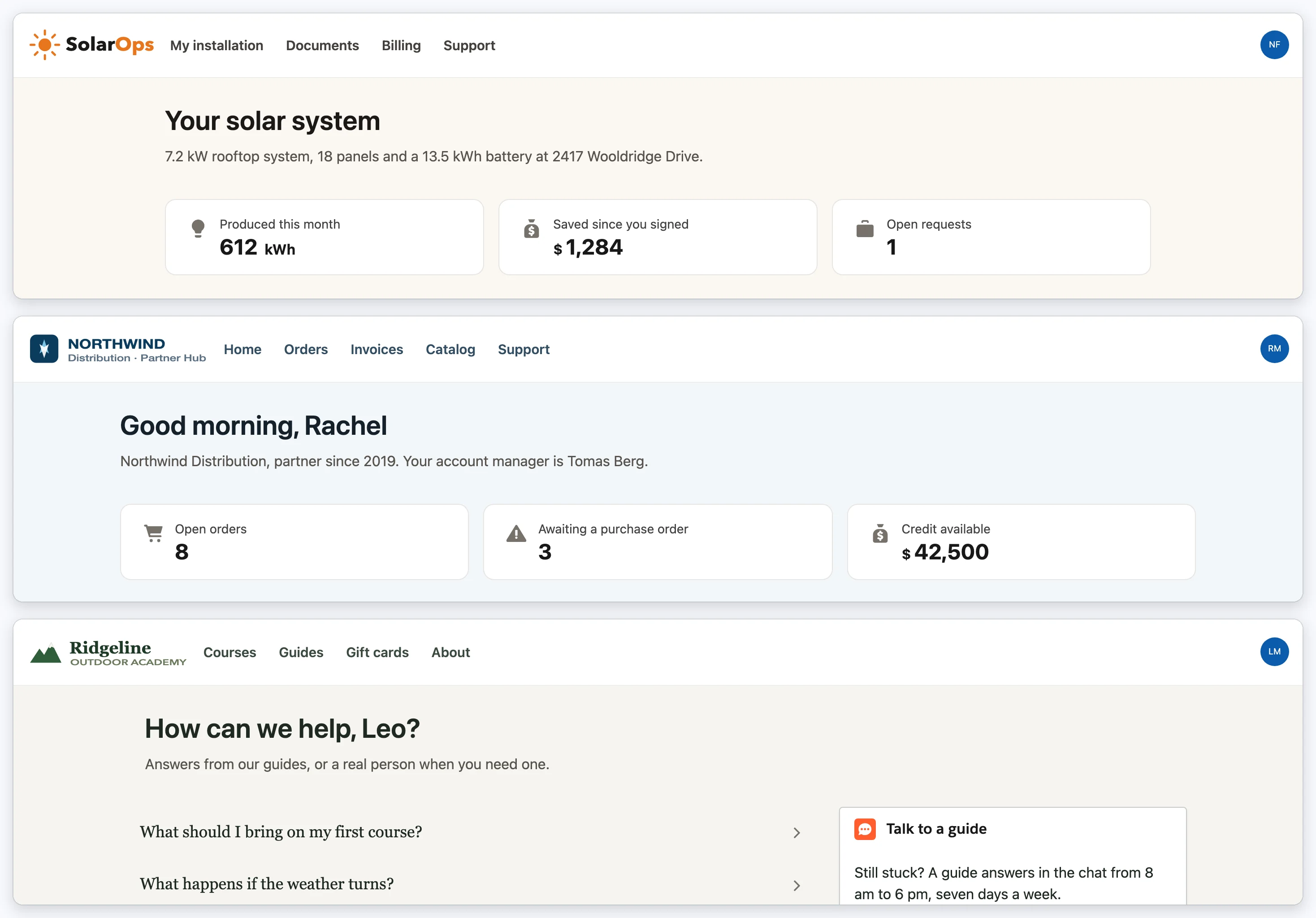 The same Avonni components on three published Experience Cloud sites: SolarOps in amber, Northwind Distribution in navy and Ridgeline Outdoor Academy in forest green, each with its own logo, navigation, type and metric cards