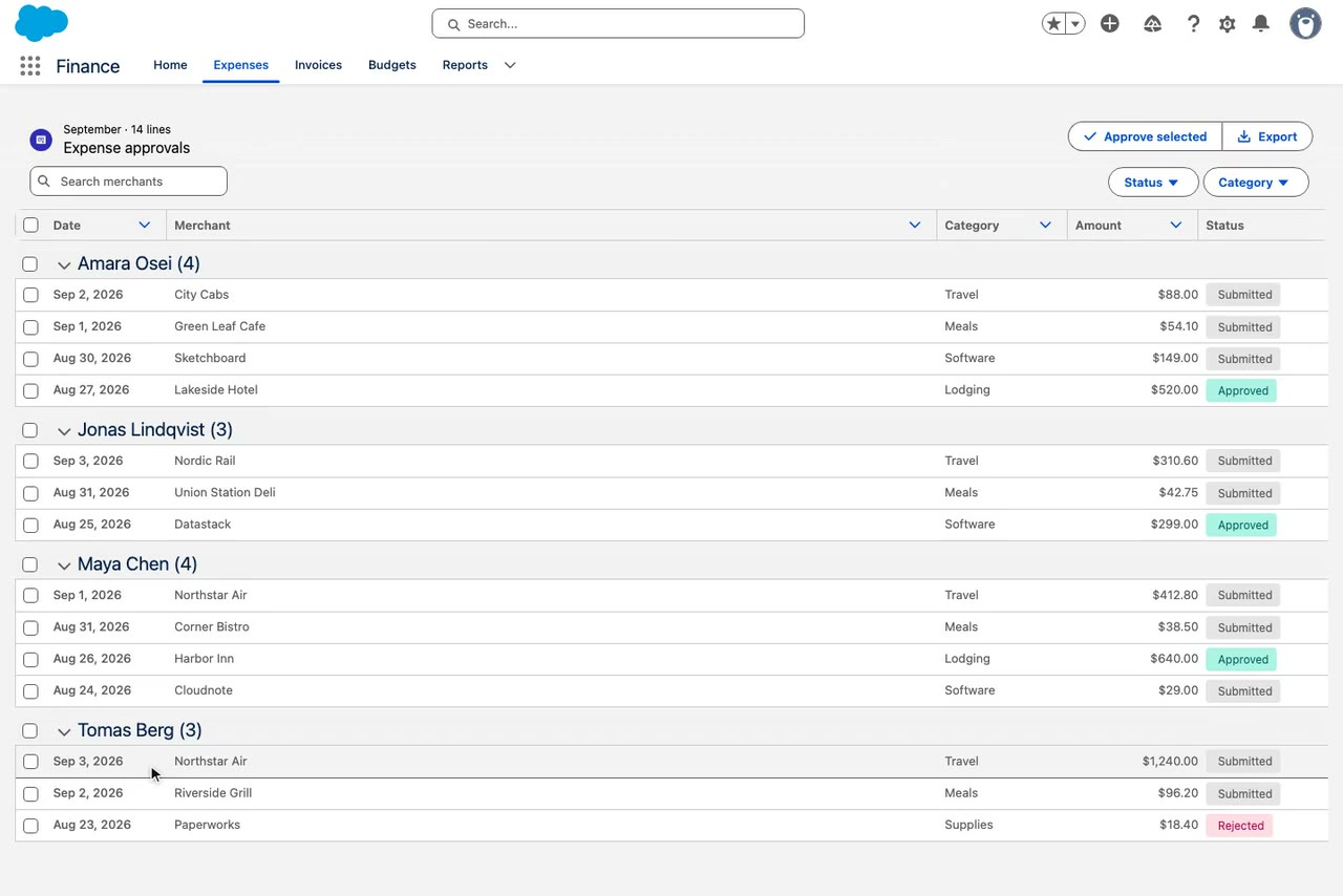 Avonni Data Table with grouped expense rows and bulk approve