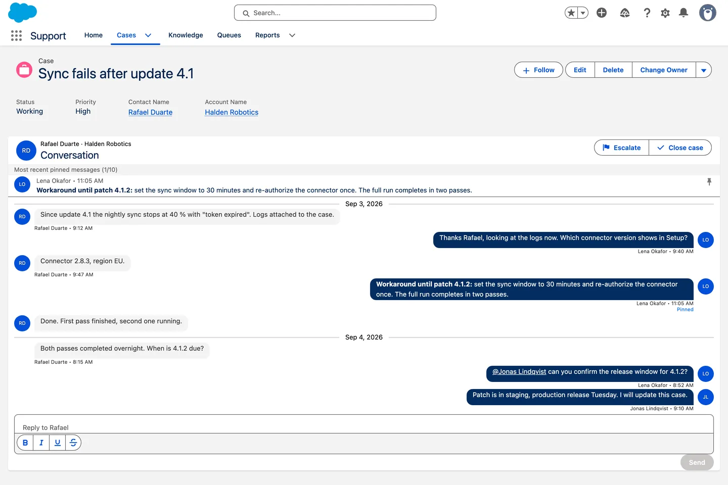 An Avonni chat thread on a Salesforce case record, with a rich publisher and date breaks