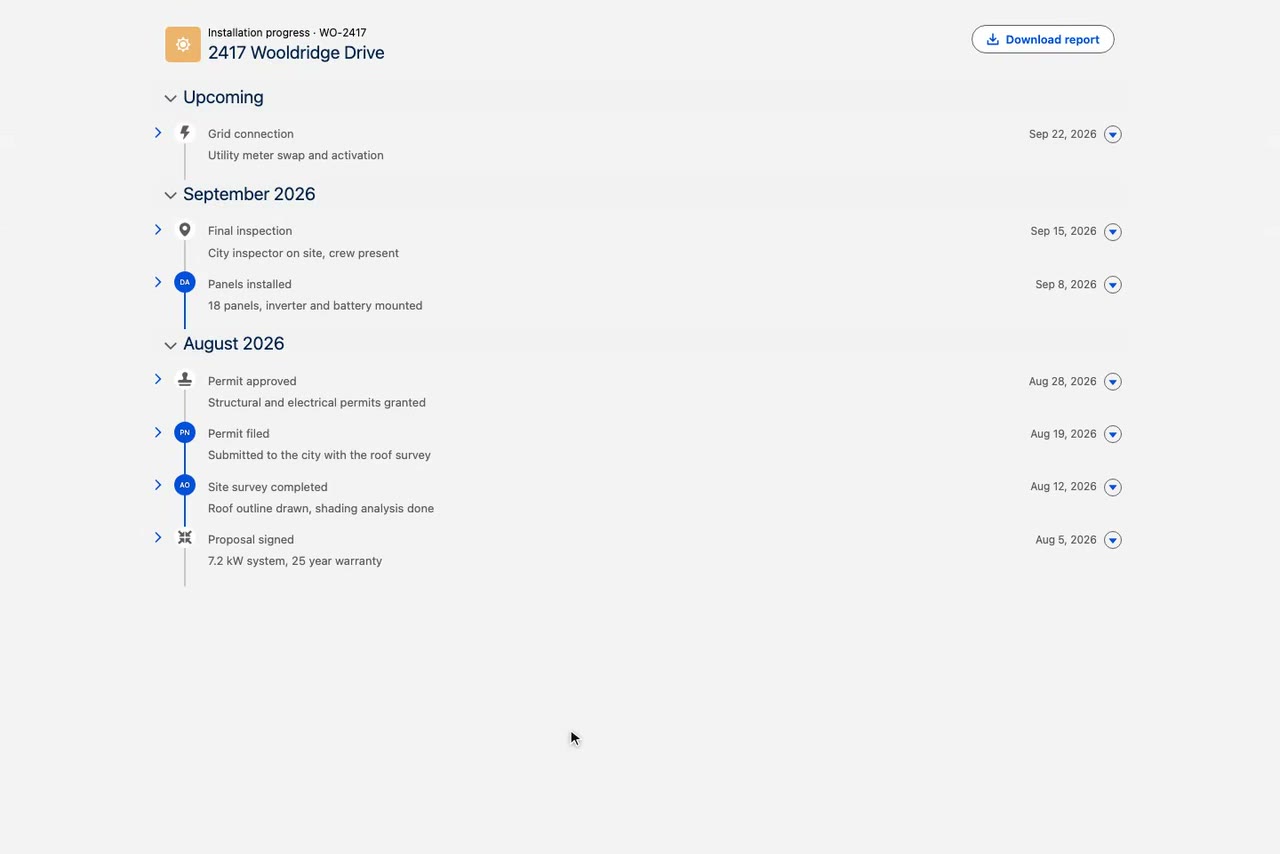 Avonni Timeline of an installation grouped by month on a portal