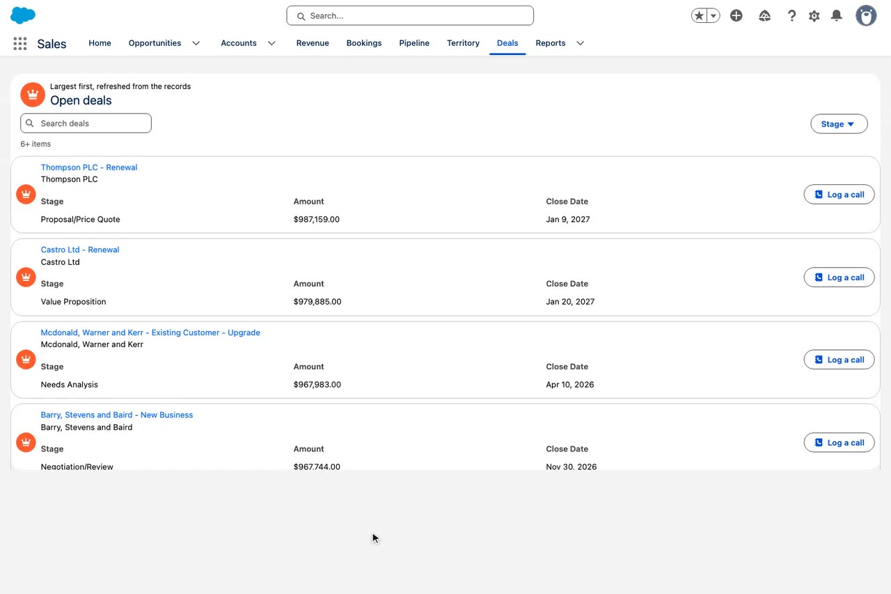 Avonni List of deals filtered by stage