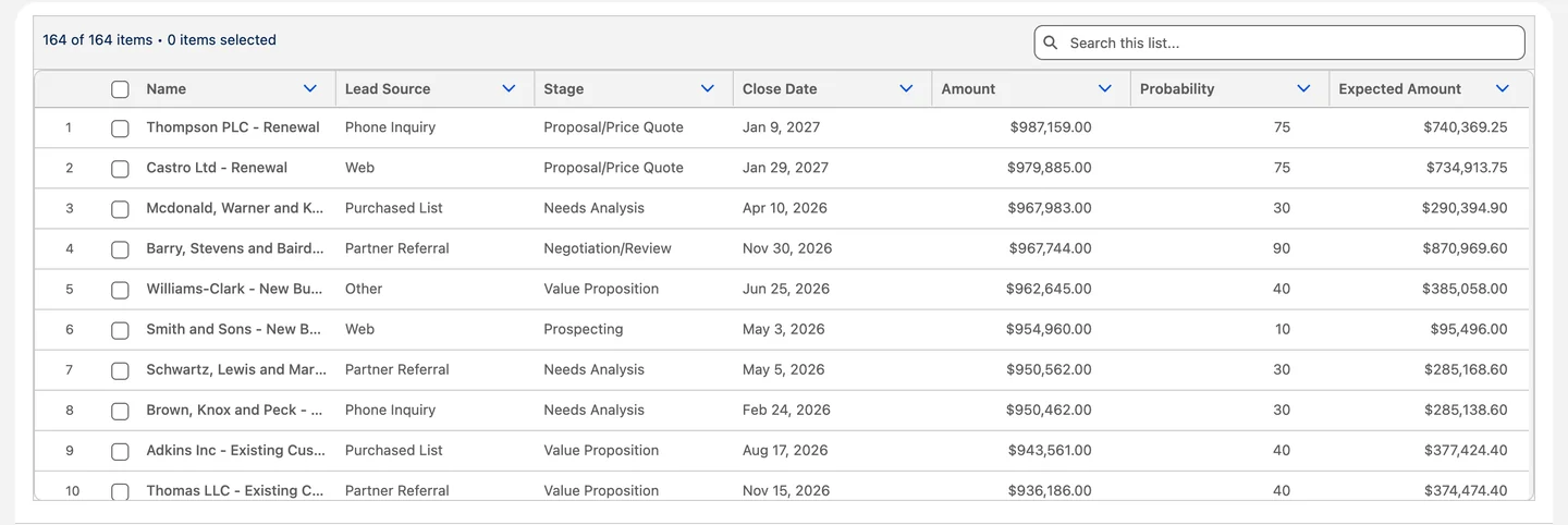 The standard Salesforce Flow Data Table showing open deals: plain columns, a search bar and row checkboxes