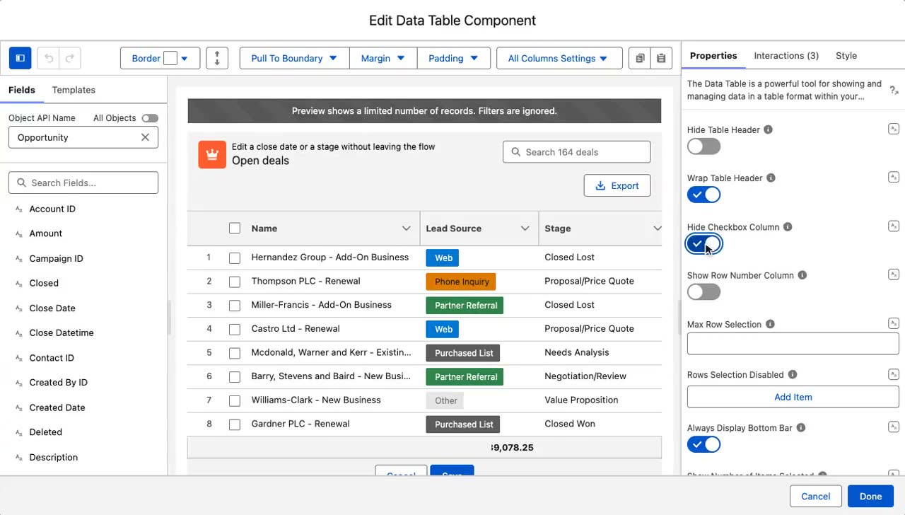 The Flow Component Builder open on an Avonni Data Table