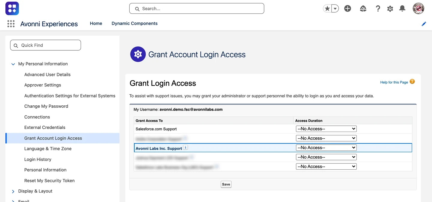 Salesforce Setup, Grant Account Login Access: the row Avonni Labs Inc. Support is set to No Access