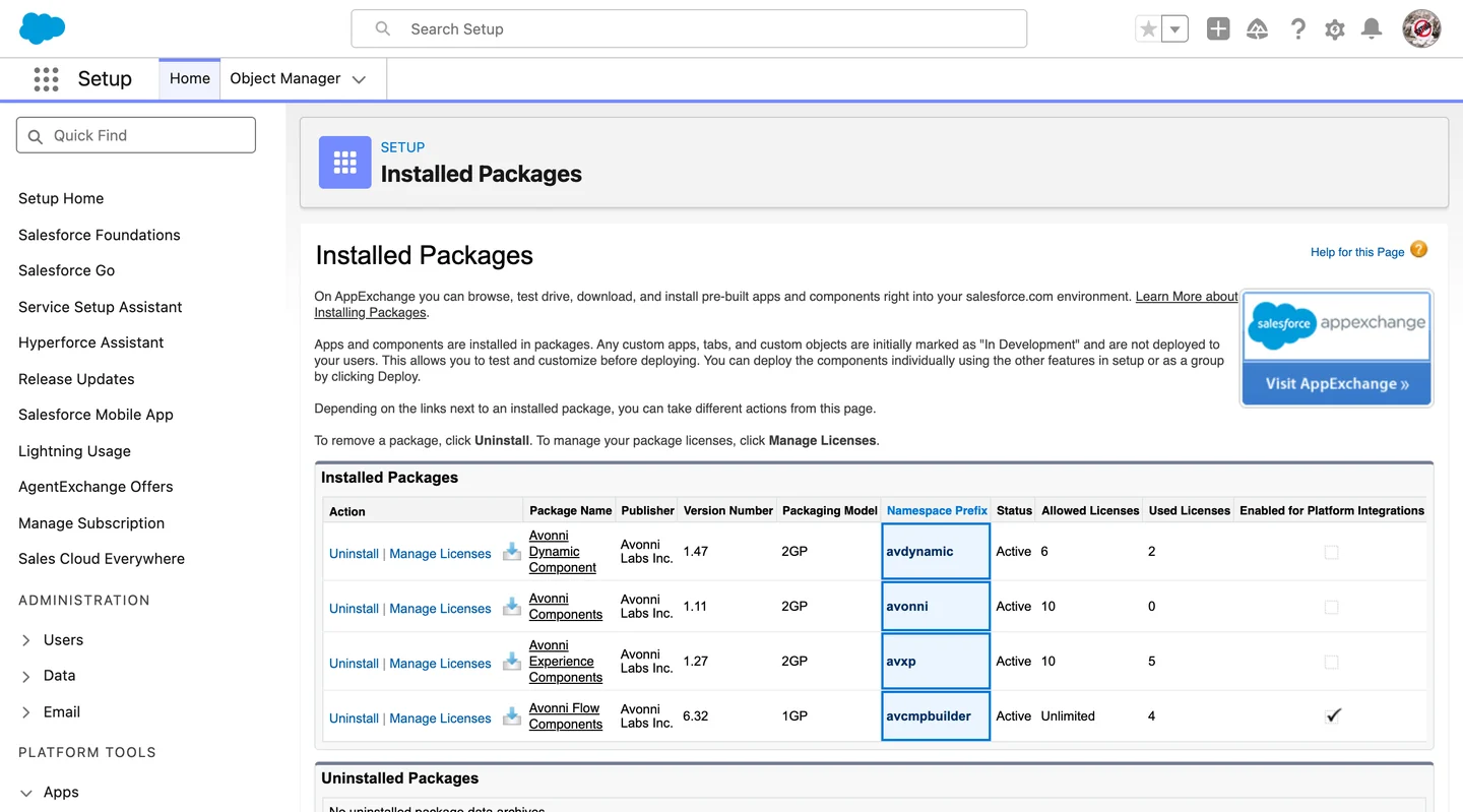 Salesforce Setup, Installed Packages: the Avonni packages listed with AppExchange Ready marked Passed.