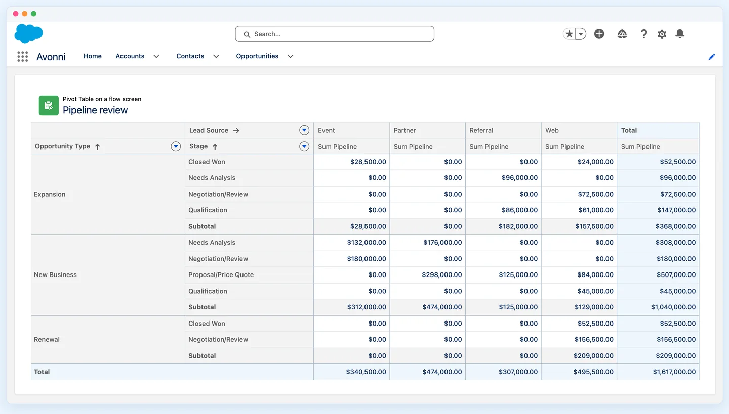 A Pivot Table on a Salesforce screen flow: pipeline by opportunity type and stage, with subtotals and a total