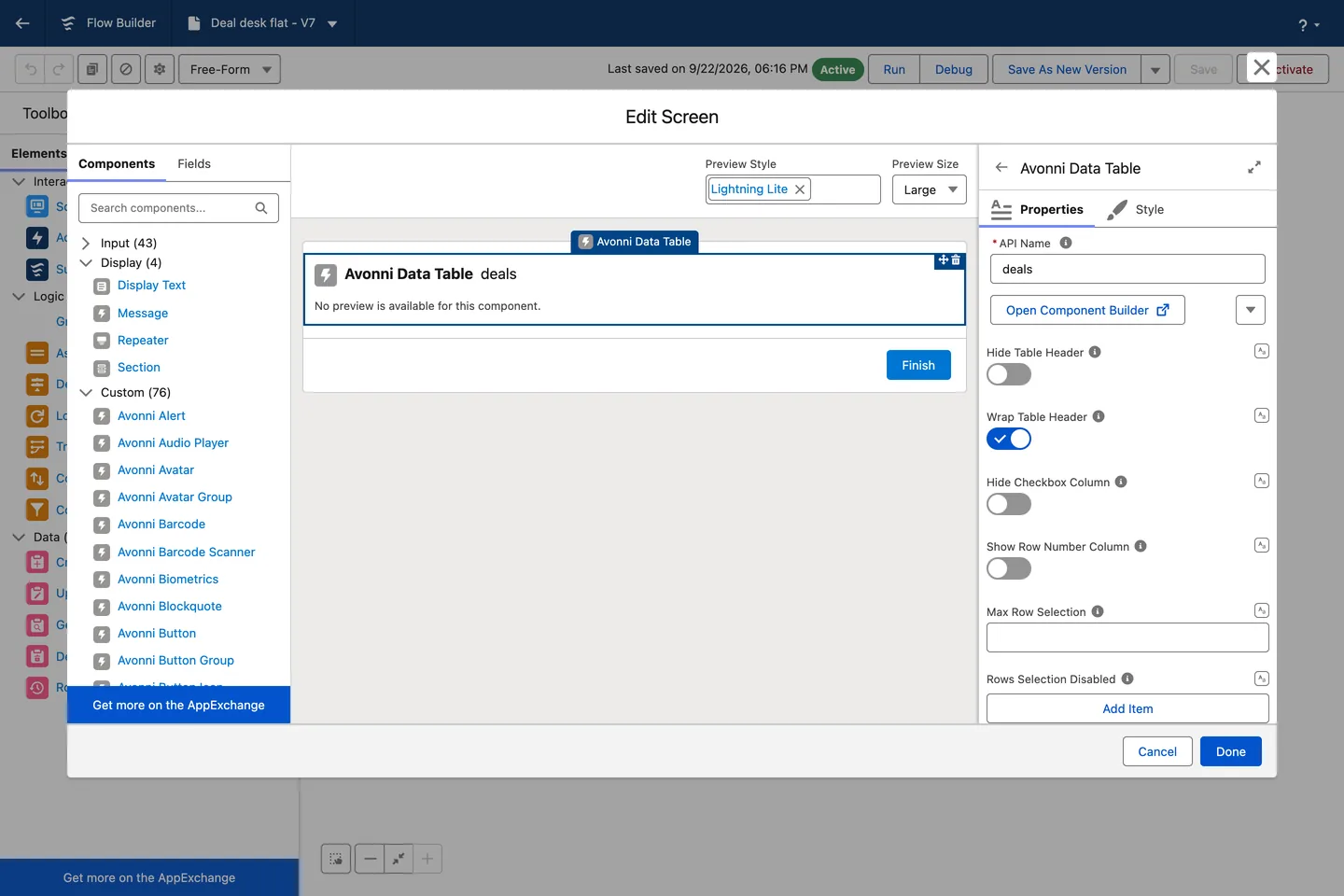 Flow Builder screen editor with the component palette, where Avonni components sit next to the standard ones