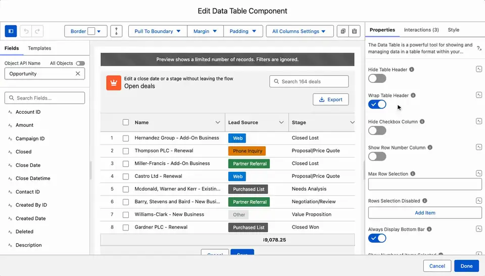 The Avonni Component Builder opened on the Data Table from Flow Builder, with a live preview