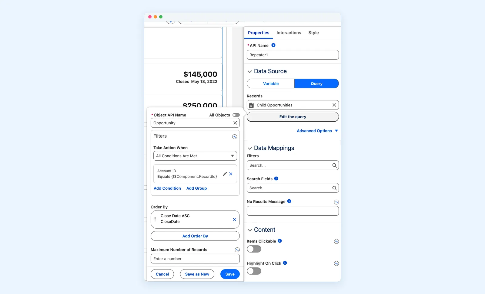 The query panel of the builder: the Opportunity object, a condition on the account and an order by close date