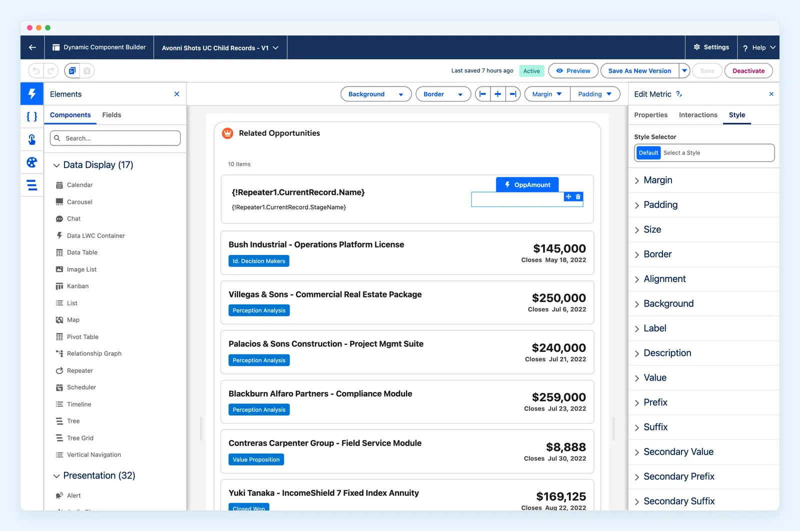 The Style panel of a Metric component in the builder: margin, padding, size, border, alignment, label and value settings