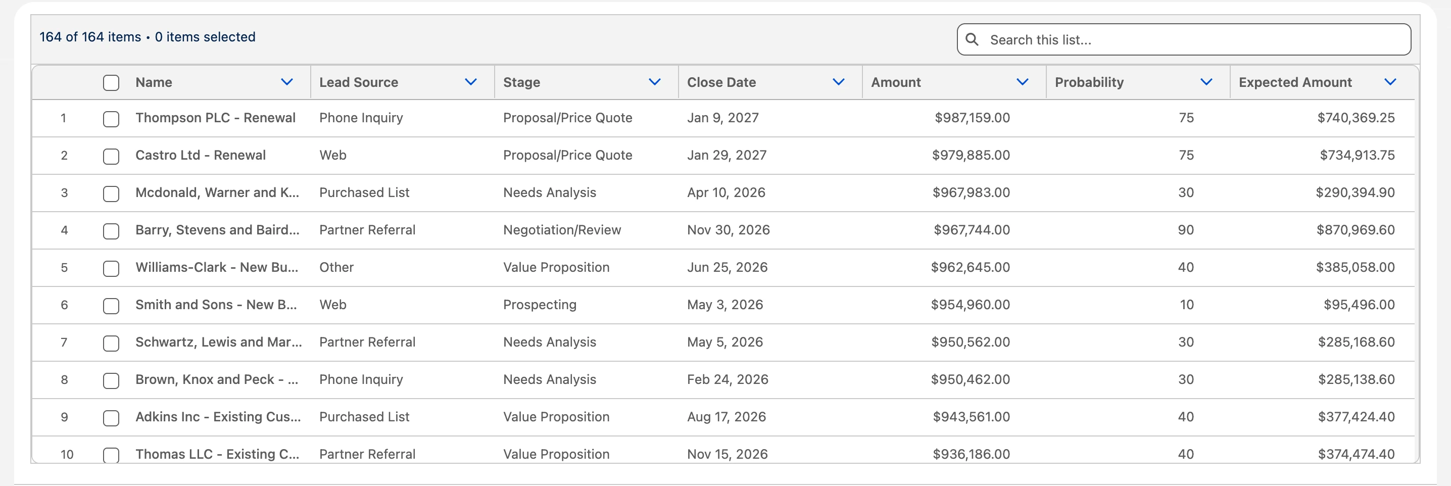 The standard Salesforce Flow Data Table showing open deals: plain columns, a search bar and row checkboxes
