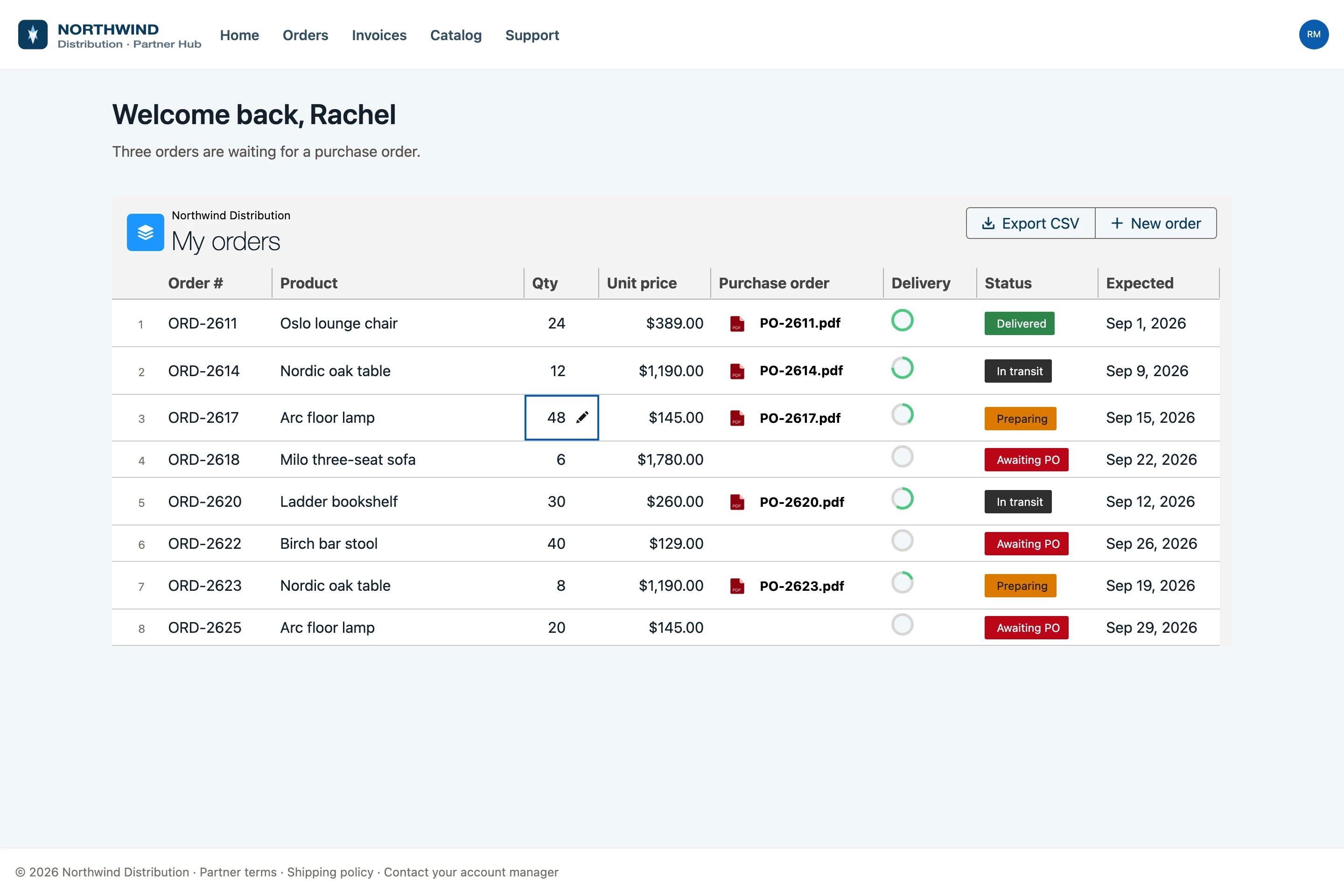 Northwind partner portal on Salesforce Experience Cloud: an Avonni Data Table of orders with purchase order PDFs, delivery progress rings and status badges