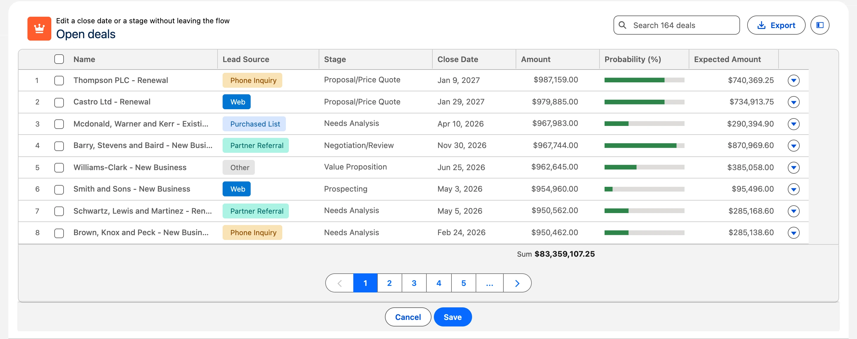 The Avonni Data Table on the same open deals: colored lead source badges, probability bars, search, export and row actions